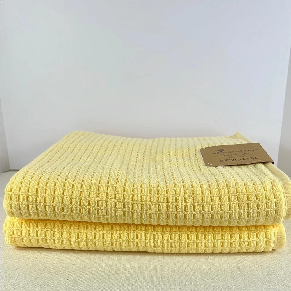 Ecoexistence Oversized Bath Towel Set Waffle Weave Yellow 100% Cotton 2 Pc NEW